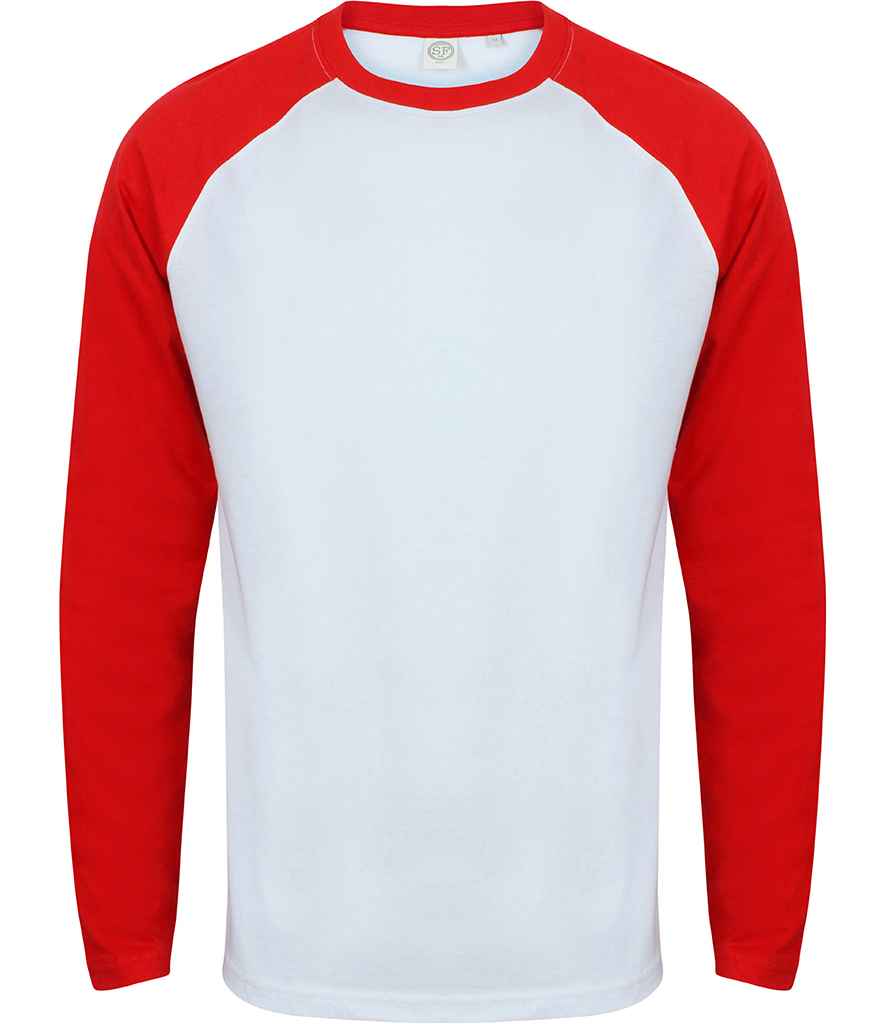 SF Men Long Sleeve Baseball T-Shirt in White Red by SF — Custom branded clothing by Print Press, featuring premium embroidery produced in our specialist print lab in the UK.