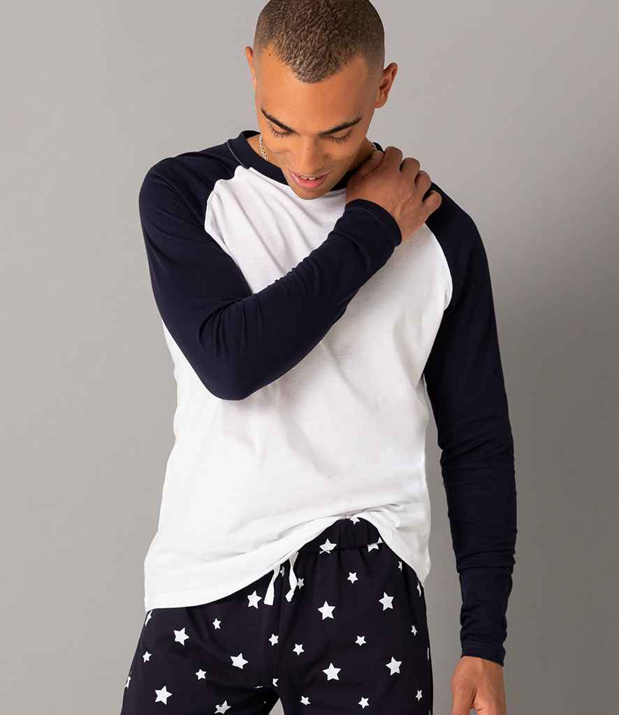 SF Men Long Sleeve Baseball T-Shirt in White Oxford Navy by SF — Custom branded clothing by Print Press, featuring premium embroidery produced in our specialist print lab in the UK.