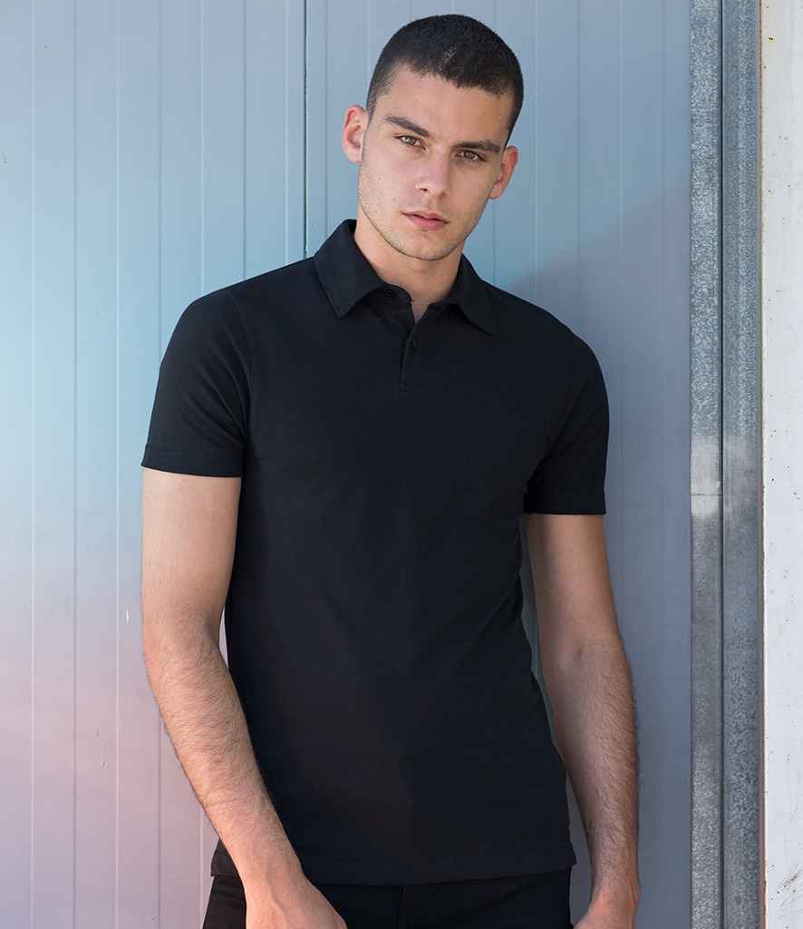 SF Men Stretch Piqué Polo Shirt in Black by SF — Custom branded clothing by Print Press, featuring premium embroidery produced in our specialist print lab in the UK.