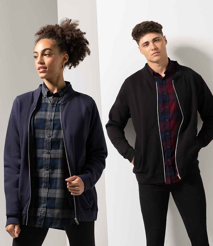 SF Unisex Bomber Sweat Jacket in Navy by SF — Custom branded clothing by Print Press, featuring premium embroidery produced in our specialist print lab in the UK.