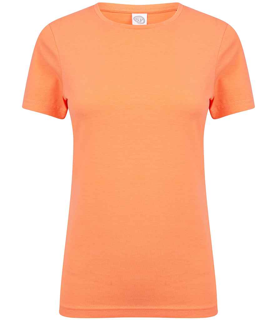 SF Ladies Feel Good Stretch T-Shirt - (2nd Colours) in Coral by SF — Custom branded clothing by Print Press, featuring premium embroidery produced in our specialist print lab in the UK.