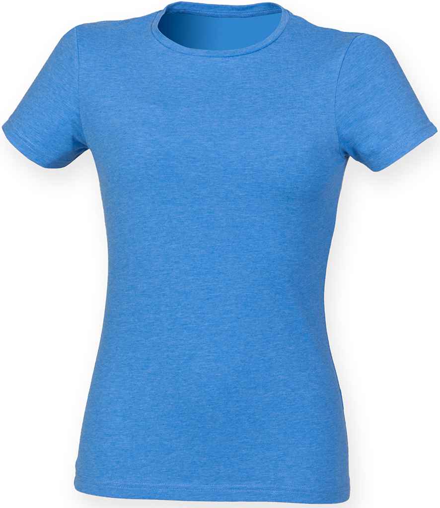 SF Ladies Feel Good Stretch T-Shirt in Heather Blue by SF — Custom branded clothing by Print Press, featuring premium embroidery produced in our specialist print lab in the UK.
