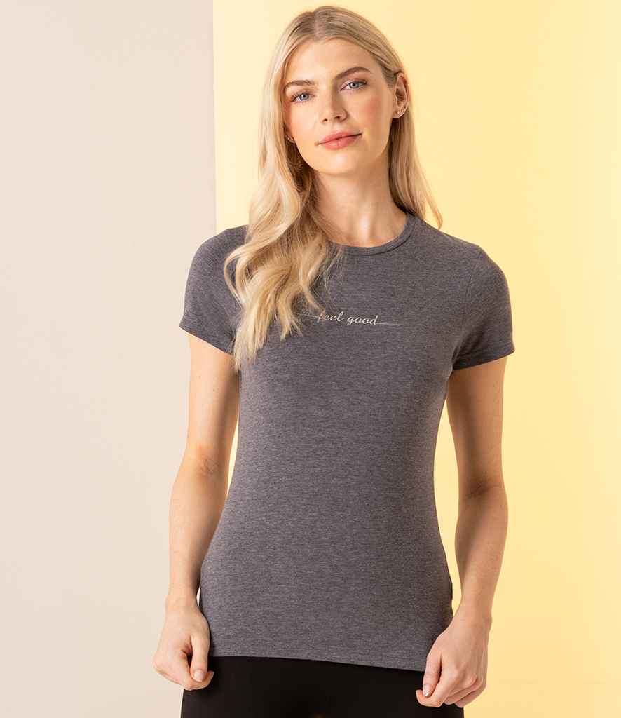 SF Ladies Feel Good Stretch T-Shirt in Heather Charcoal by SF — Custom branded clothing by Print Press, featuring premium embroidery produced in our specialist print lab in the UK.
