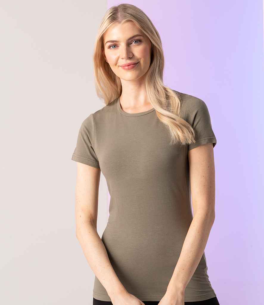 SF Ladies Feel Good Stretch T-Shirt in Khaki by SF — Custom branded clothing by Print Press, featuring premium embroidery produced in our specialist print lab in the UK.