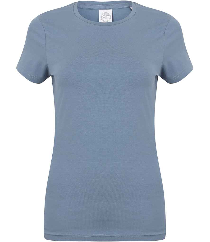 SF Ladies Feel Good Stretch T-Shirt in Stone Blue by SF — Custom branded clothing by Print Press, featuring premium embroidery produced in our specialist print lab in the UK.