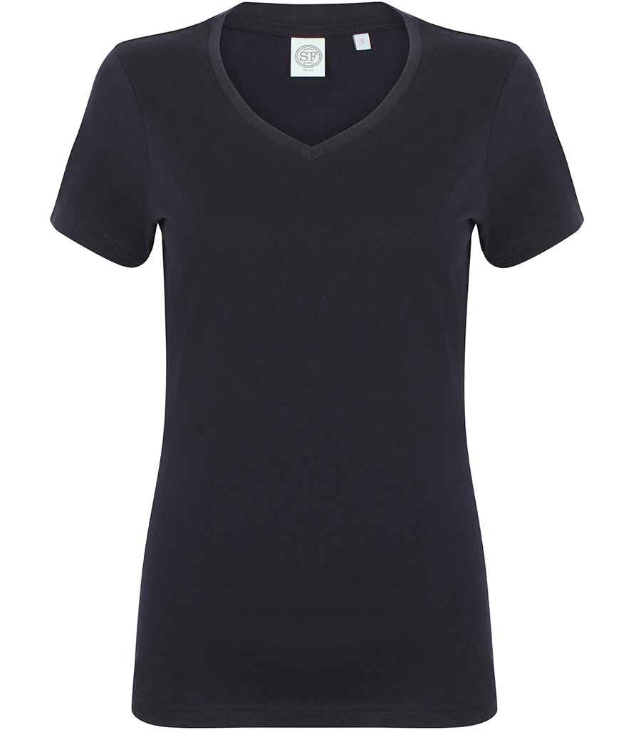 SF Ladies Feel Good Stretch V Neck T-Shirt in Navy by SF — Custom branded clothing by Print Press, featuring premium embroidery produced in our specialist print lab in the UK.