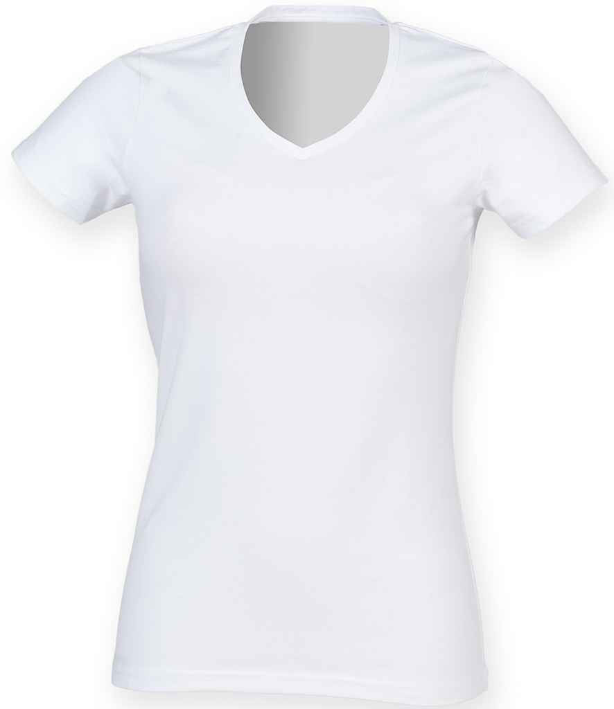 SF Ladies Feel Good Stretch V Neck T-Shirt in White by SF — Custom branded clothing by Print Press, featuring premium embroidery produced in our specialist print lab in the UK.