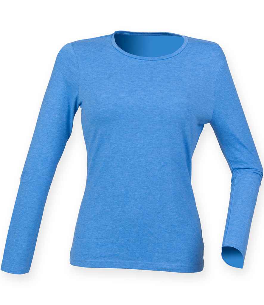 SF Ladies Feel Good Long Sleeve Stretch T-Shirt in Heather Blue by SF — Custom branded clothing by Print Press, featuring premium embroidery produced in our specialist print lab in the UK.