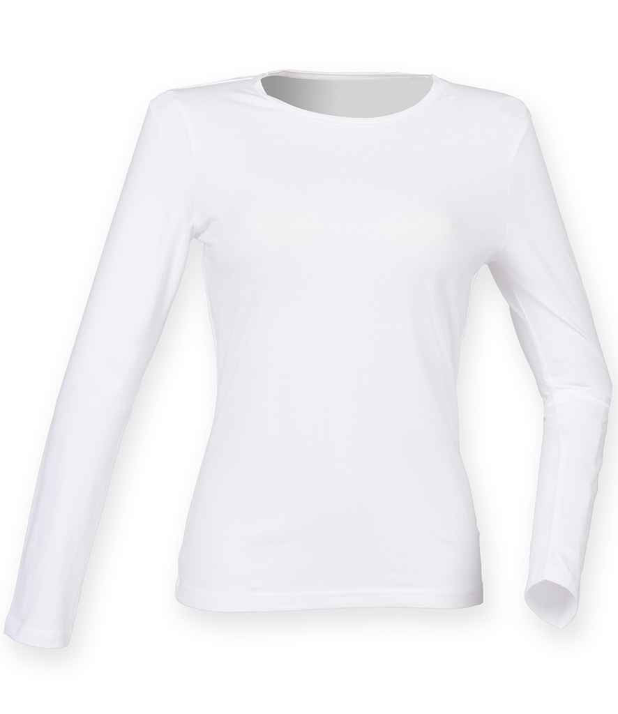 SF Ladies Feel Good Long Sleeve Stretch T-Shirt in White by SF — Custom branded clothing by Print Press, featuring premium embroidery produced in our specialist print lab in the UK.