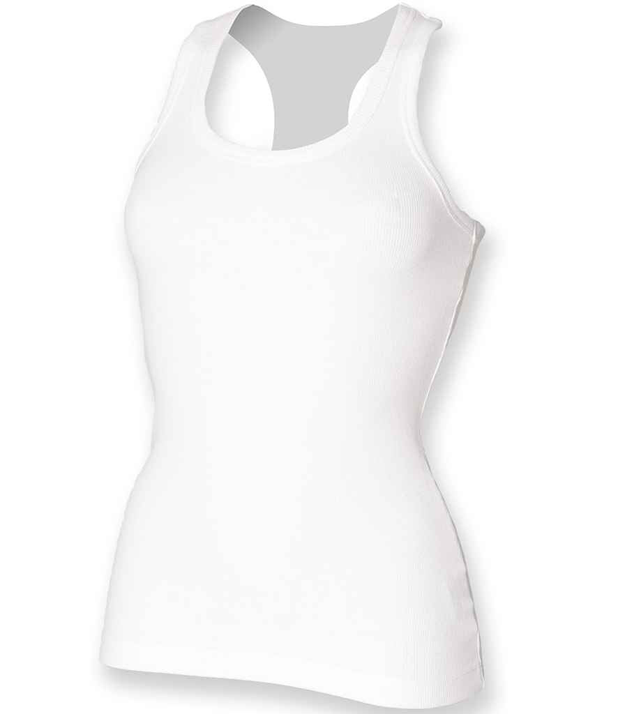 SF Ladies Stretch Rib Racer Back Vest in White by SF — Custom branded clothing by Print Press, featuring premium embroidery produced in our specialist print lab in the UK.