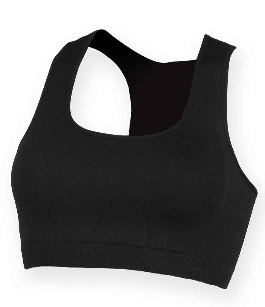 SF Ladies Workout Crop Top in Black by SF — Custom branded clothing by Print Press, featuring premium embroidery produced in our specialist print lab in the UK.