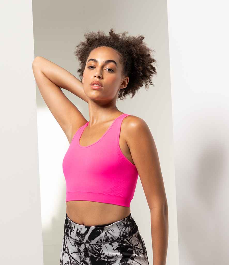 SF Ladies Workout Crop Top in Neon Pink by SF — Custom branded clothing by Print Press, featuring premium embroidery produced in our specialist print lab in the UK.