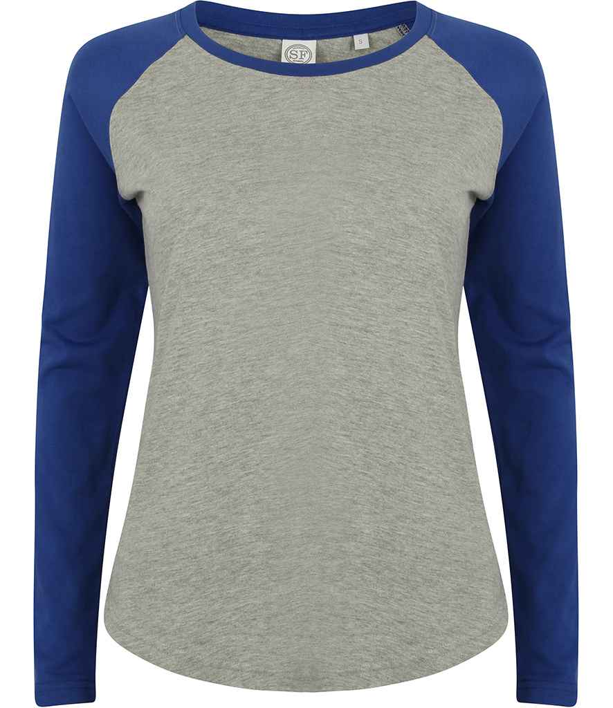 SF Ladies Long Sleeve Baseball T-Shirt in Heather Grey Royal Blue by SF — Custom branded clothing by Print Press, featuring premium embroidery produced in our specialist print lab in the UK.