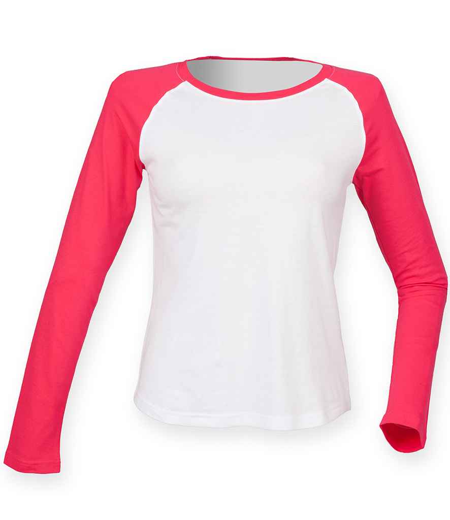 SF Ladies Long Sleeve Baseball T-Shirt in White Hot Pink by SF — Custom branded clothing by Print Press, featuring premium embroidery produced in our specialist print lab in the UK.