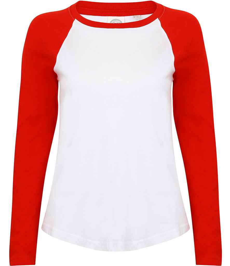SF Ladies Long Sleeve Baseball T-Shirt in White Red by SF — Custom branded clothing by Print Press, featuring premium embroidery produced in our specialist print lab in the UK.