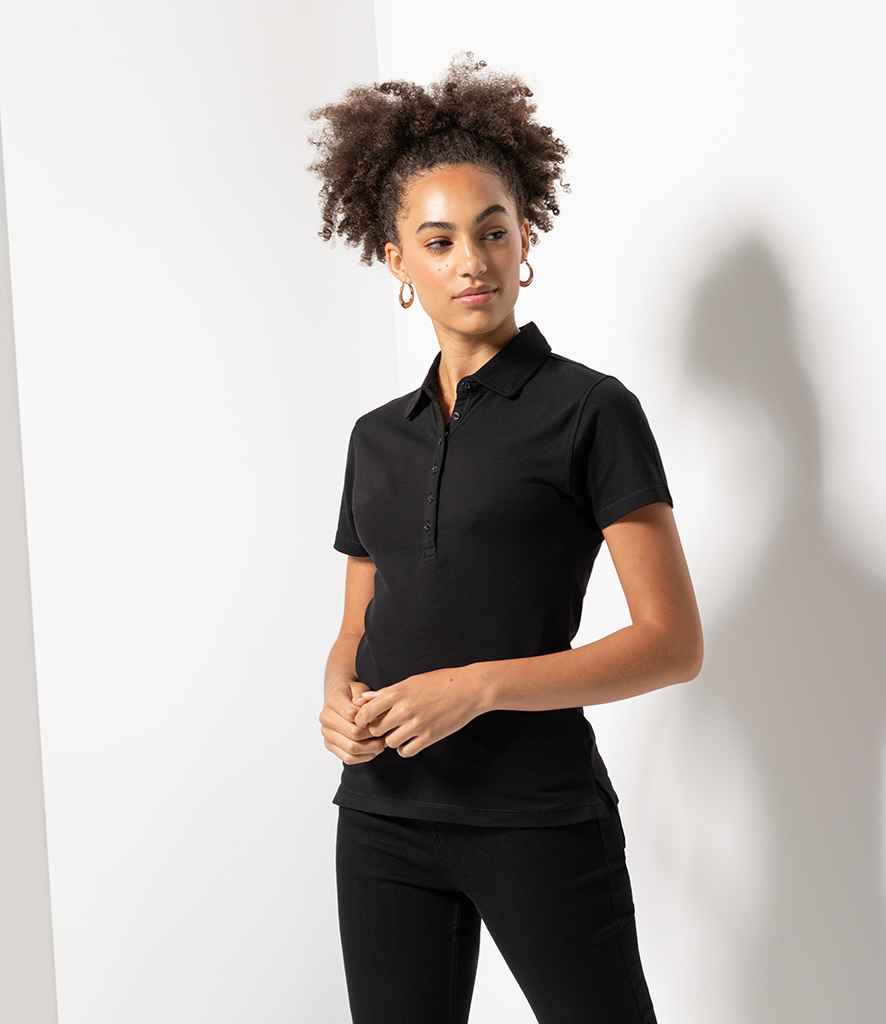 SF Ladies Stretch Pique Polo Shirt in Black by SF — Custom branded clothing by Print Press, featuring premium embroidery produced in our specialist print lab in the UK.
