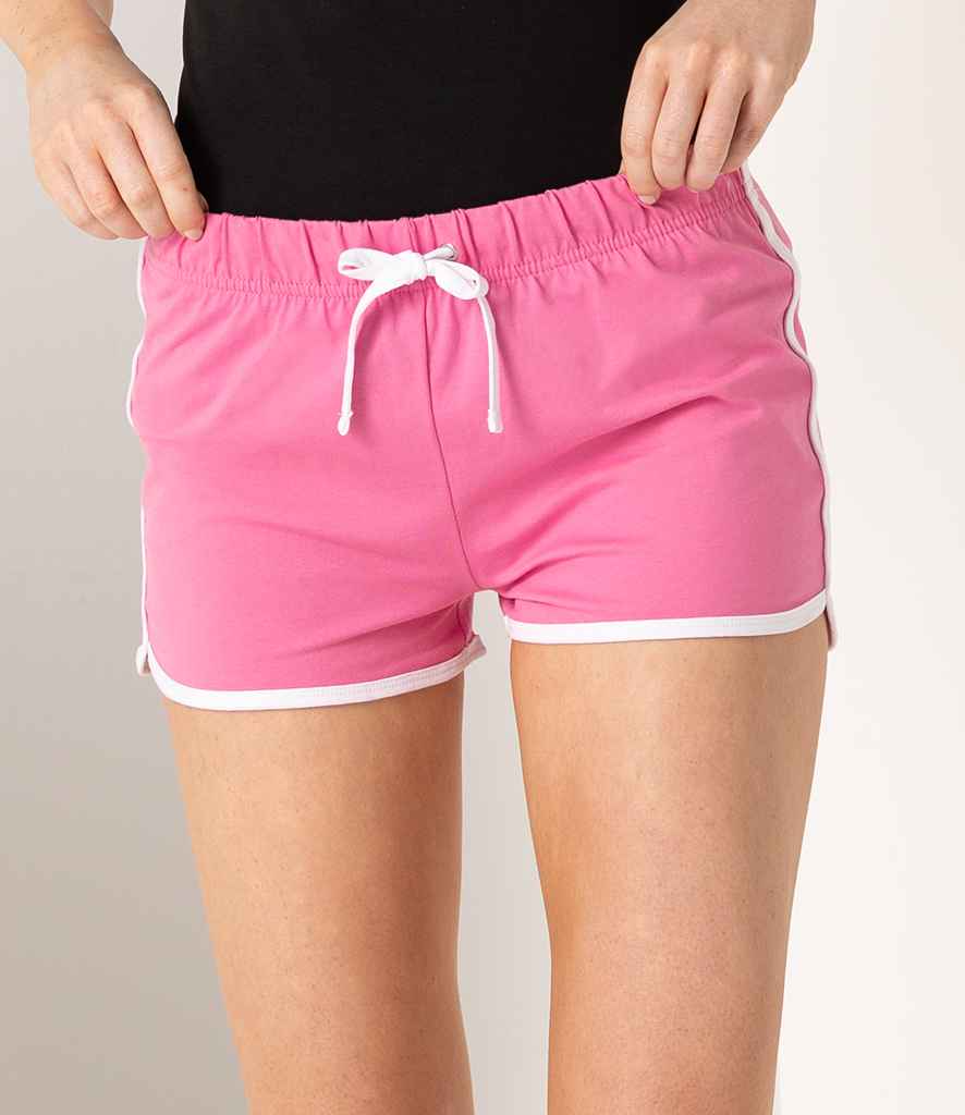 SF Ladies Retro Shorts in Bright Pink White by SF — Custom branded clothing by Print Press, featuring premium embroidery produced in our specialist print lab in the UK.