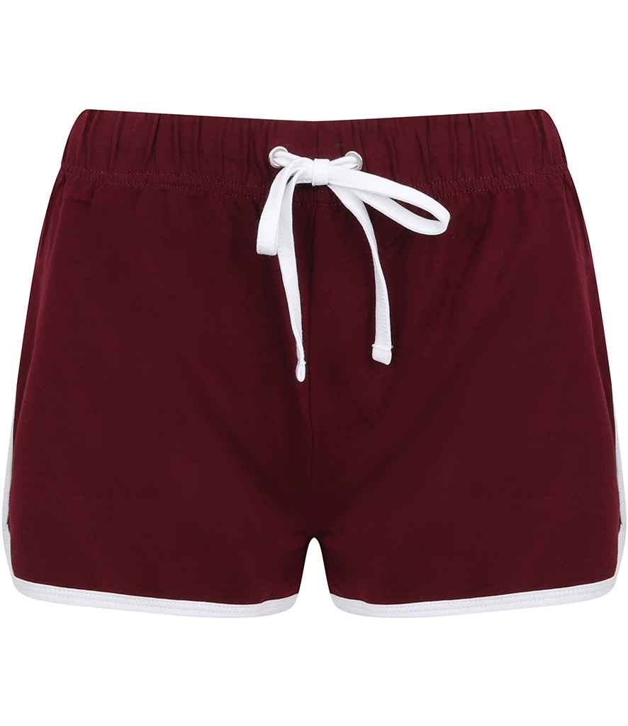 SF Ladies Retro Shorts in Burgundy White by SF — Custom branded clothing by Print Press, featuring premium embroidery produced in our specialist print lab in the UK.