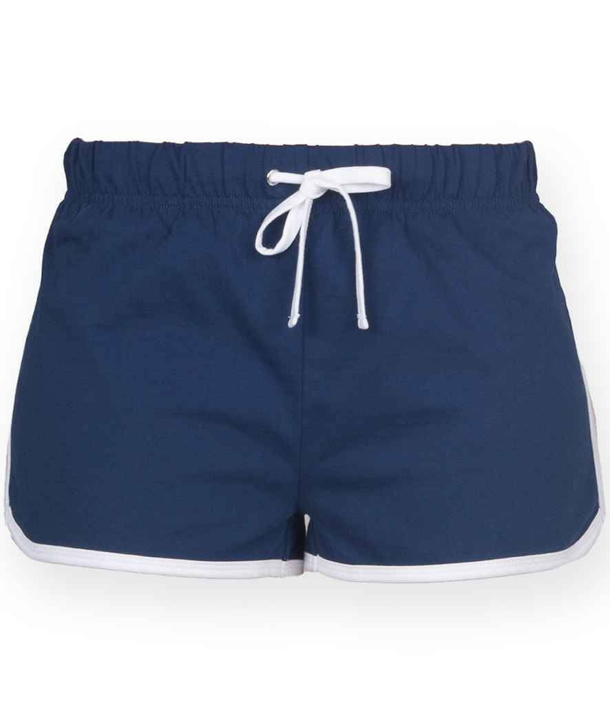 SF Ladies Retro Shorts in Navy White by SF — Custom branded clothing by Print Press, featuring premium embroidery produced in our specialist print lab in the UK.