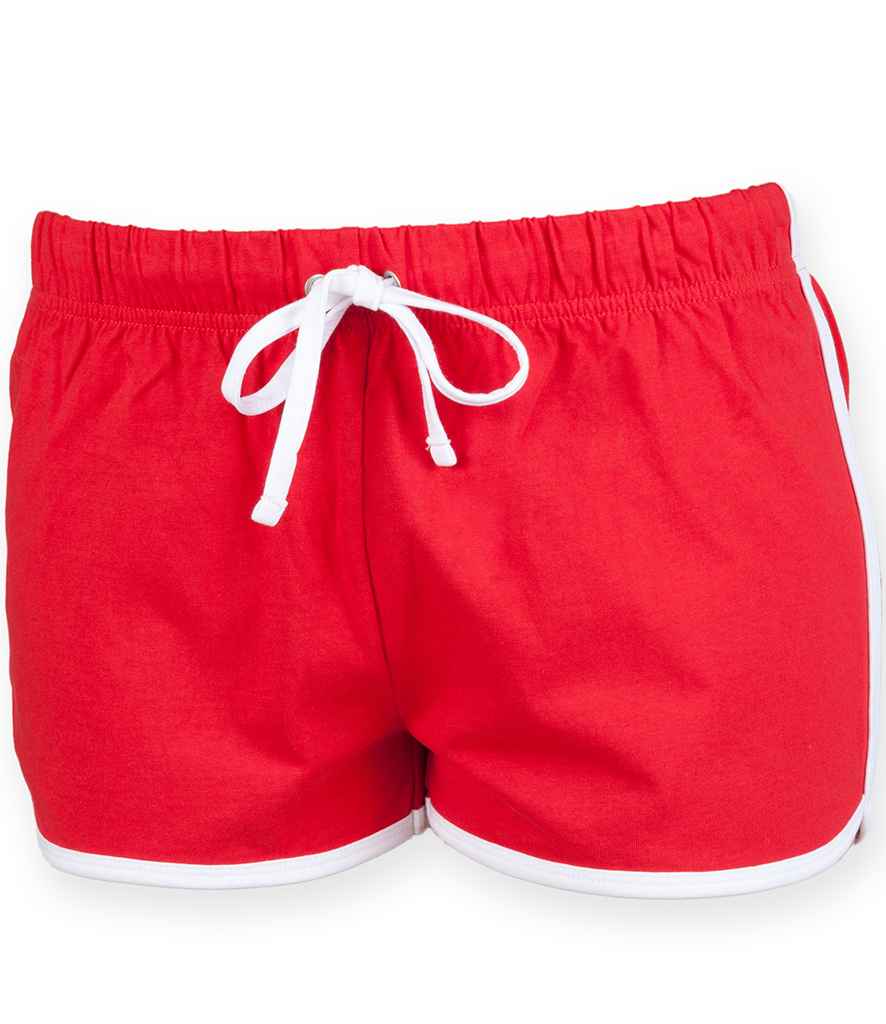 SF Ladies Retro Shorts in Red White by SF — Custom branded clothing by Print Press, featuring premium embroidery produced in our specialist print lab in the UK.