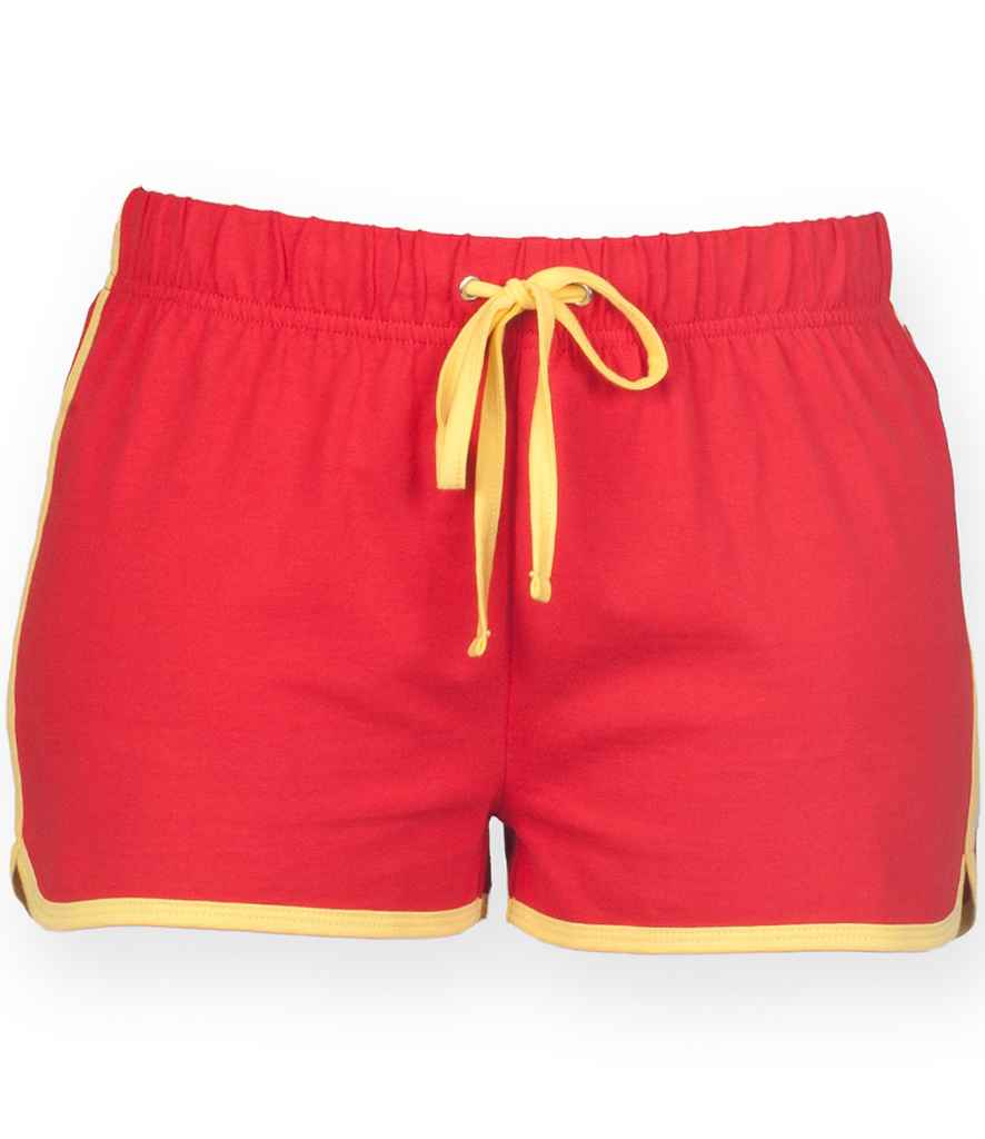 SF Ladies Retro Shorts in Red Yellow by SF — Custom branded clothing by Print Press, featuring premium embroidery produced in our specialist print lab in the UK.