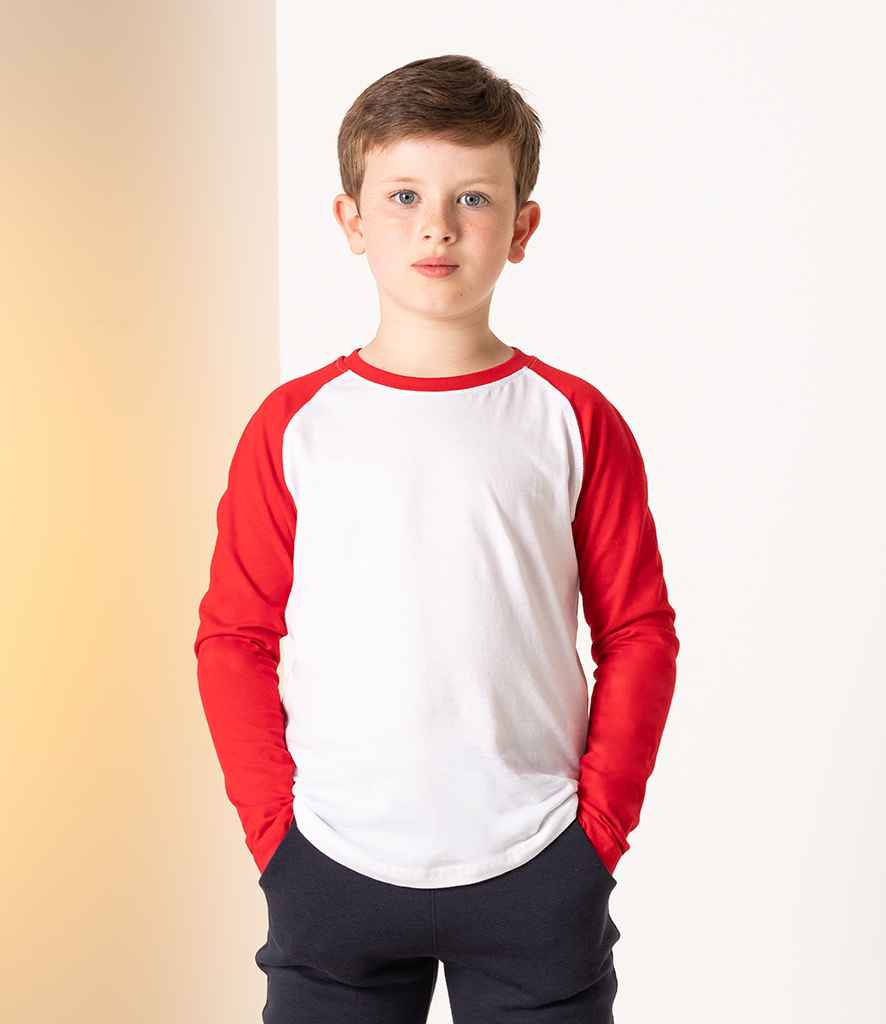SF Minni Kids Long Sleeve Baseball T-Shirt in White Red by SF Minni — Custom branded clothing by Print Press, featuring premium embroidery produced in our specialist print lab in the UK.