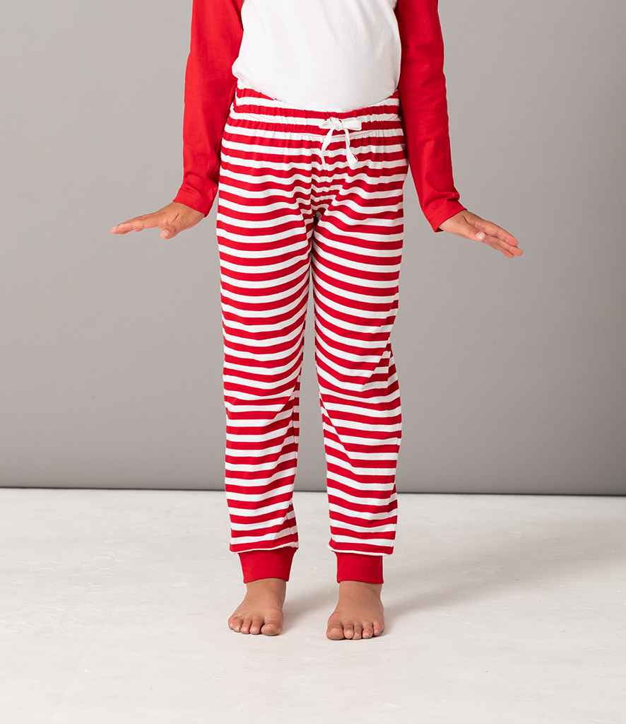 SF Minni Kids Lounge Pants in Red White Stripes by SF Minni — Custom branded clothing by Print Press, featuring premium embroidery produced in our specialist print lab in the UK.