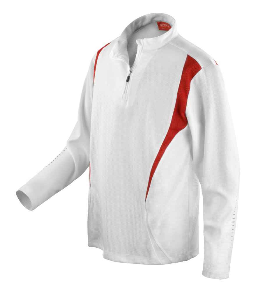 Spiro Unisex Zip Neck Trial Training Top in White Red White by Spiro — Custom branded clothing by Print Press, featuring premium embroidery produced in our specialist print lab in the UK.