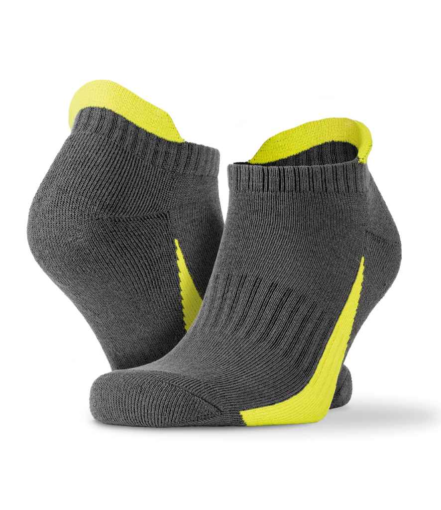 Spiro 3 Pack Sports Sneaker Socks in Grey Lime Green by Spiro — Custom branded clothing by Print Press, featuring premium embroidery produced in our specialist print lab in the UK.
