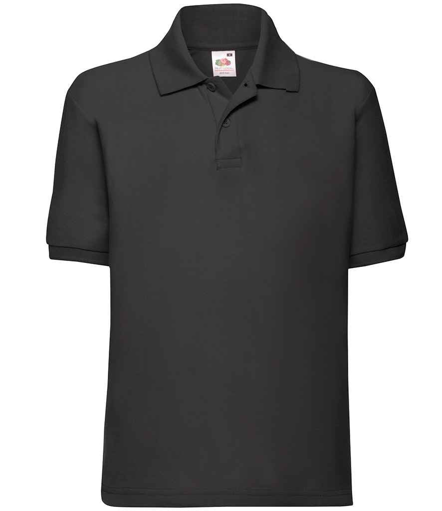 Fruit of the Loom Kids Poly/Cotton Pique Polo Shirt in Black by Fruit of the Loom — Custom branded clothing by Print Press, featuring premium embroidery produced in our specialist print lab in the UK.