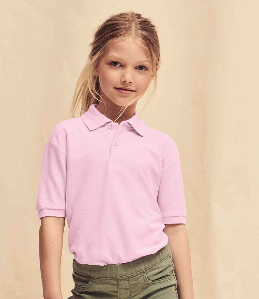 Fruit of the Loom Kids Poly/Cotton Pique Polo Shirt in Light Pink by Fruit of the Loom — Custom branded clothing by Print Press, featuring premium embroidery produced in our specialist print lab in the UK.