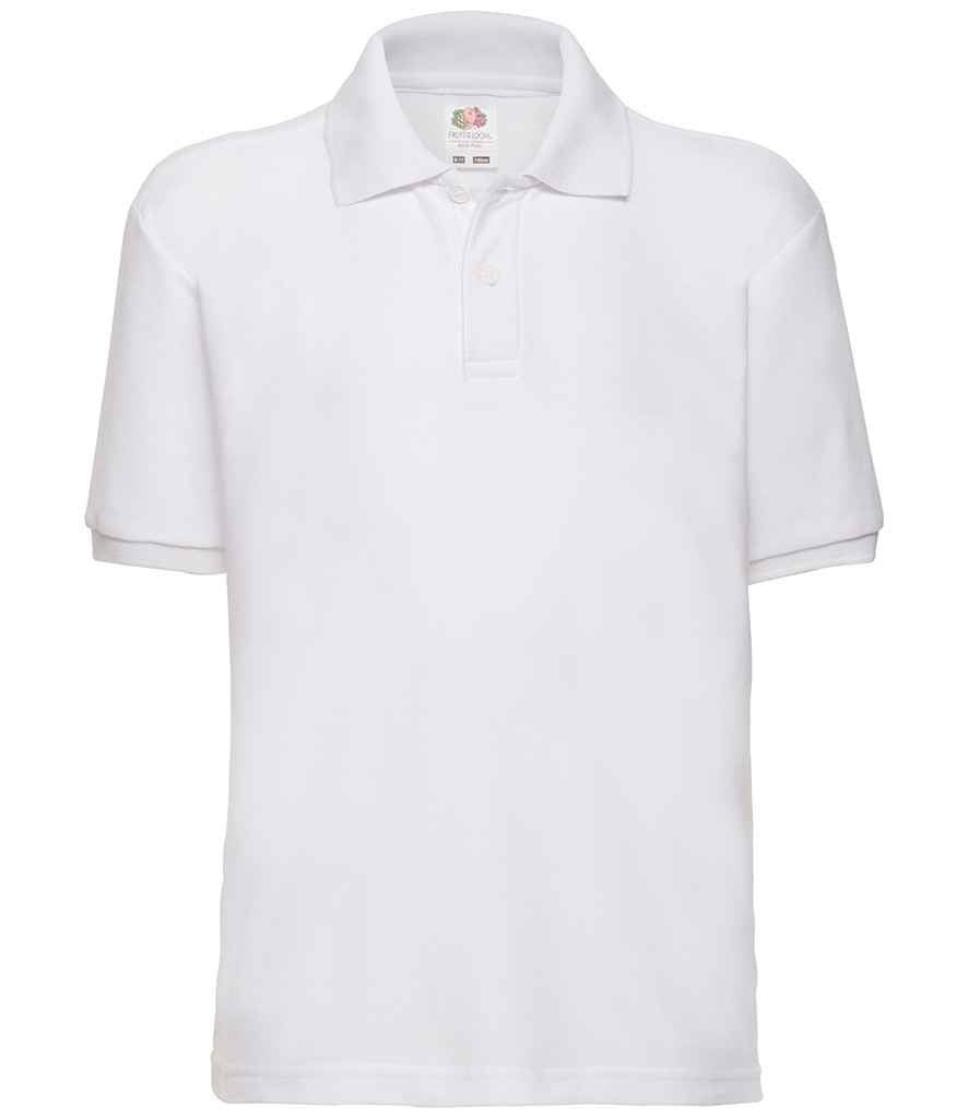 Fruit of the Loom Kids Poly/Cotton Pique Polo Shirt in White by Fruit of the Loom — Custom branded clothing by Print Press, featuring premium embroidery produced in our specialist print lab in the UK.