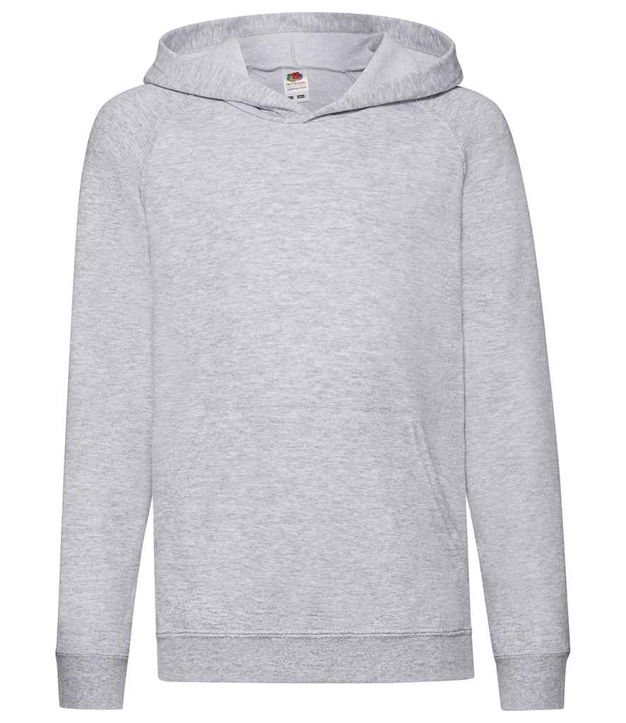 Fruit of the Loom Kids Lightweight Hooded Sweatshirt in Heather Grey by Fruit of the Loom — Custom branded clothing by Print Press, featuring premium embroidery produced in our specialist print lab in the UK.