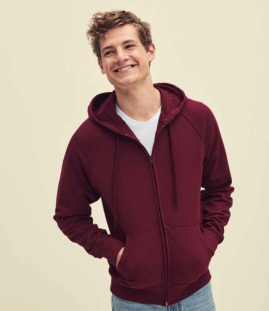 Fruit of the Loom Lightweight Zip Hooded Sweatshirt in Burgundy by Fruit of the Loom — Custom branded clothing by Print Press, featuring premium embroidery produced in our specialist print lab in the UK.