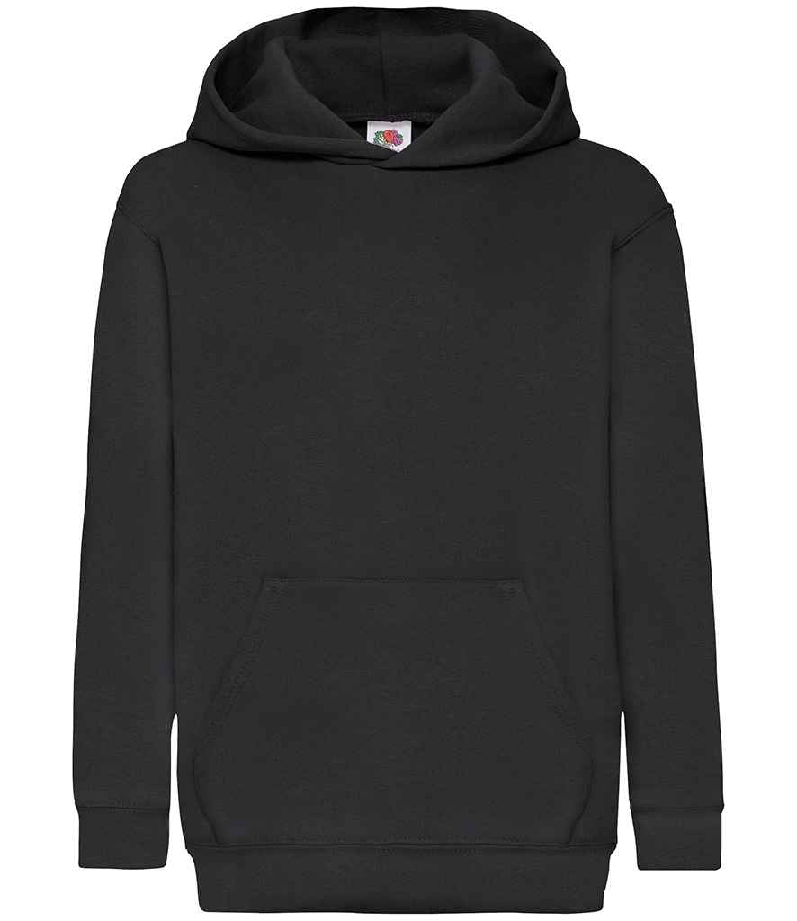 Fruit of the Loom Kids Classic Hooded Sweatshirt in Black by Fruit of the Loom — Custom branded clothing by Print Press, featuring premium embroidery produced in our specialist print lab in the UK.