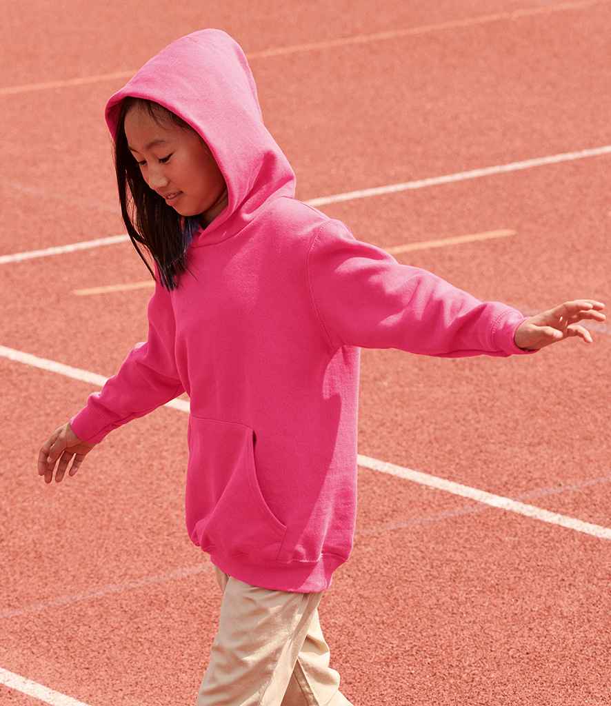 Fruit of the Loom Kids Classic Hooded Sweatshirt in Fuchsia by Fruit of the Loom — Custom branded clothing by Print Press, featuring premium embroidery produced in our specialist print lab in the UK.