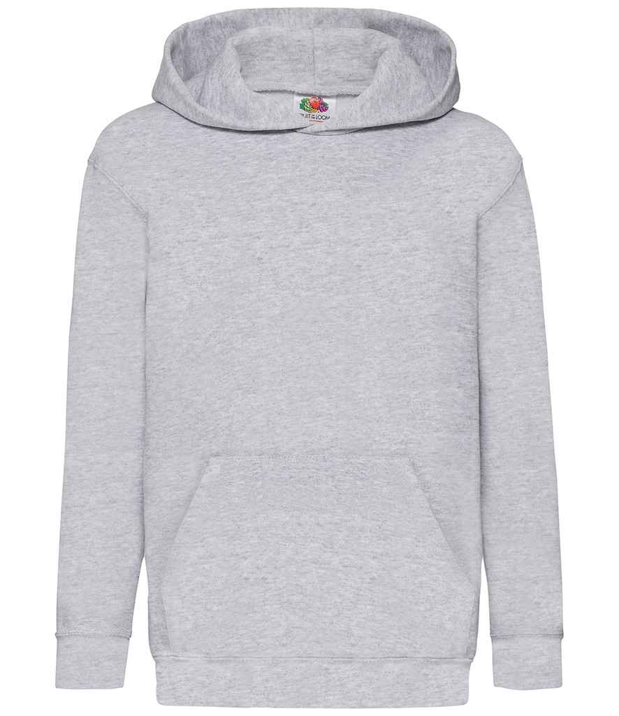 Fruit of the Loom Kids Classic Hooded Sweatshirt in Heather Grey by Fruit of the Loom — Custom branded clothing by Print Press, featuring premium embroidery produced in our specialist print lab in the UK.