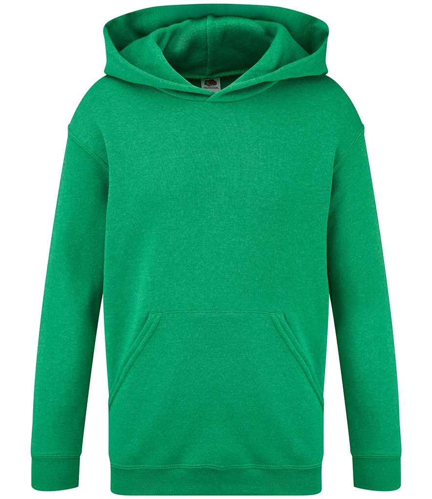 Fruit of the Loom Kids Classic Hooded Sweatshirt in Heather Green by Fruit of the Loom — Custom branded clothing by Print Press, featuring premium embroidery produced in our specialist print lab in the UK.