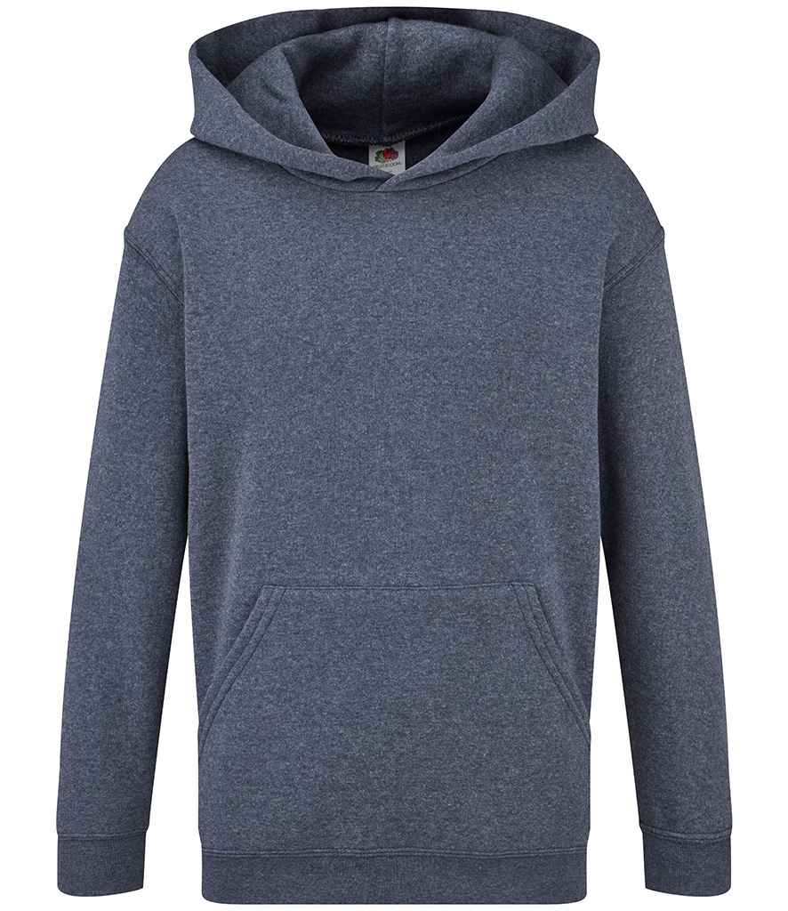 Fruit of the Loom Kids Classic Hooded Sweatshirt in Heather Navy by Fruit of the Loom — Custom branded clothing by Print Press, featuring premium embroidery produced in our specialist print lab in the UK.