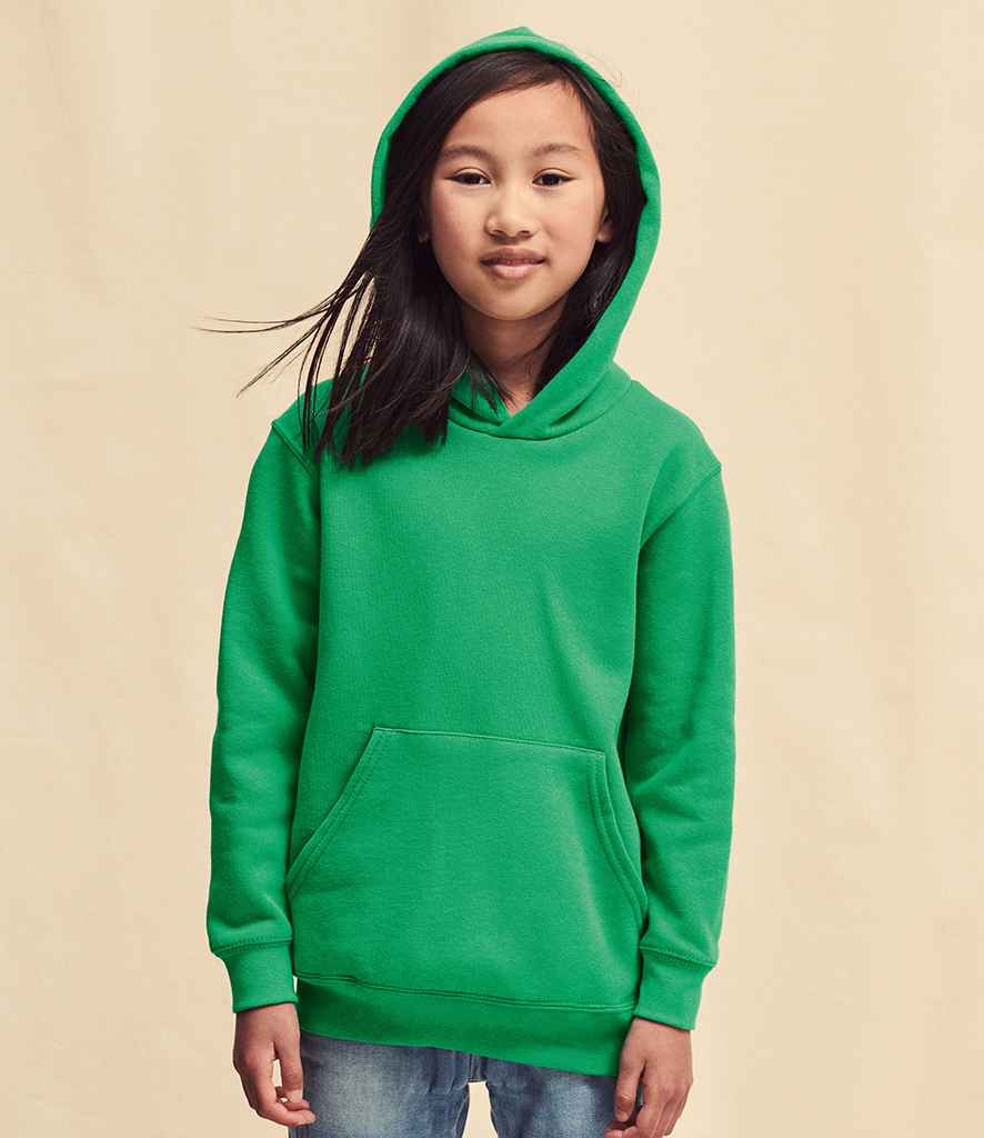 Fruit of the Loom Kids Classic Hooded Sweatshirt in Kelly Green by Fruit of the Loom — Custom branded clothing by Print Press, featuring premium embroidery produced in our specialist print lab in the UK.