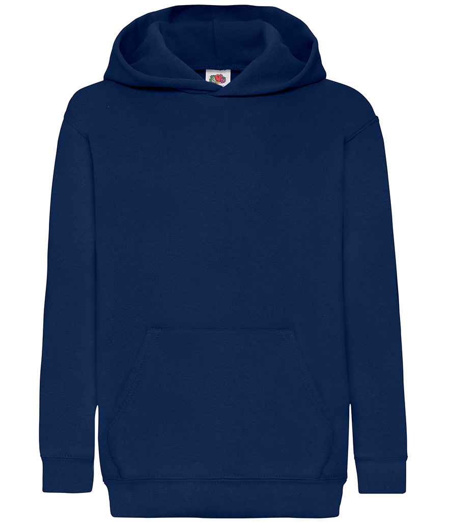 Fruit of the Loom Kids Classic Hooded Sweatshirt in Navy by Fruit of the Loom — Custom branded clothing by Print Press, featuring premium embroidery produced in our specialist print lab in the UK.