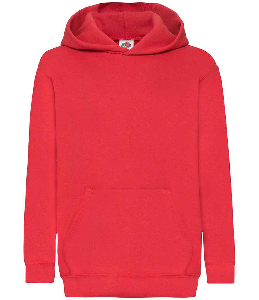 Fruit of the Loom Kids Classic Hooded Sweatshirt in Red by Fruit of the Loom — Custom branded clothing by Print Press, featuring premium embroidery produced in our specialist print lab in the UK.