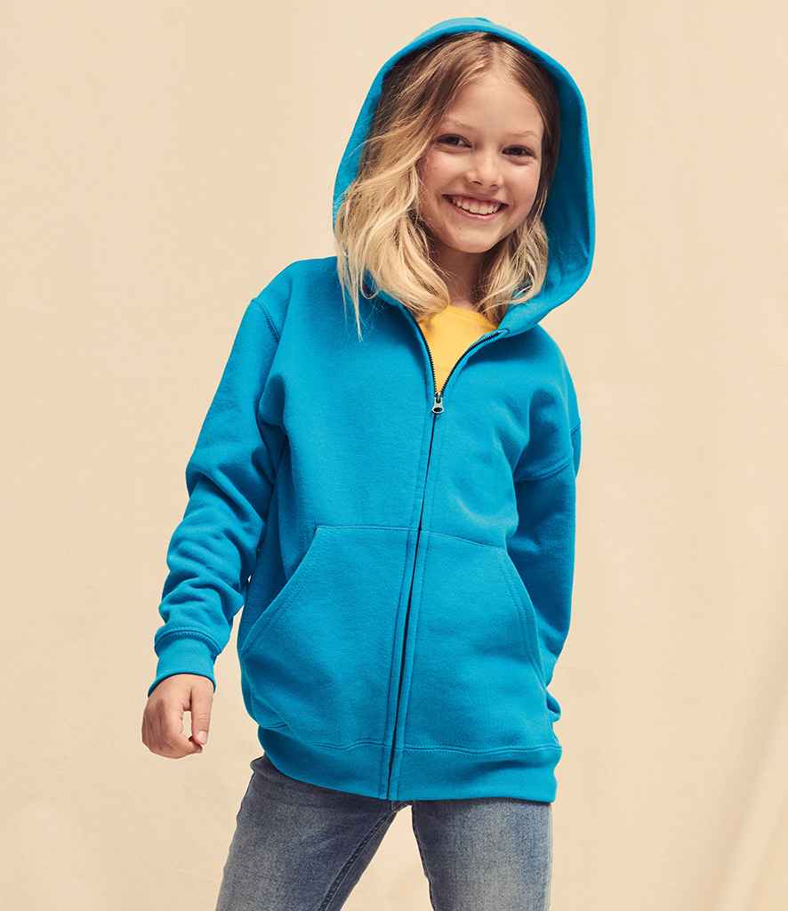 Fruit of the Loom Kids Classic Zip Hooded Sweatshirt in Azure by Fruit of the Loom — Custom branded clothing by Print Press, featuring premium embroidery produced in our specialist print lab in the UK.