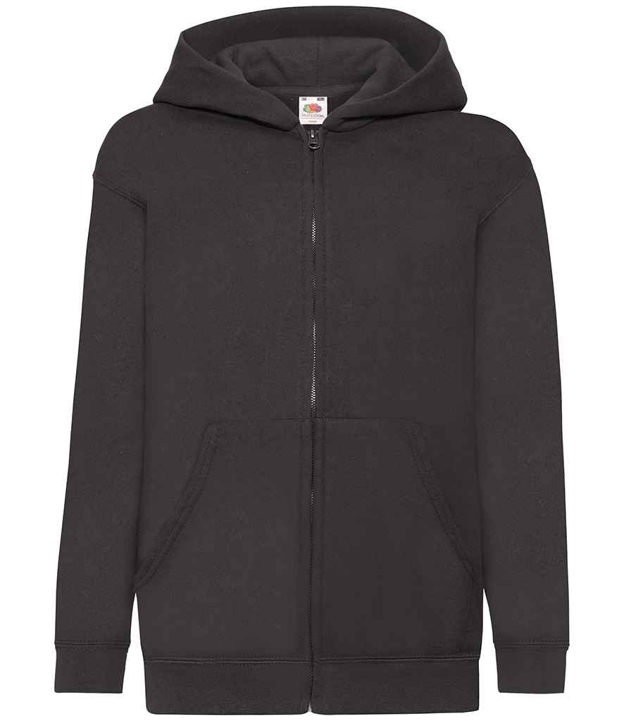 Fruit of the Loom Kids Classic Zip Hooded Sweatshirt in Black by Fruit of the Loom — Custom branded clothing by Print Press, featuring premium embroidery produced in our specialist print lab in the UK.