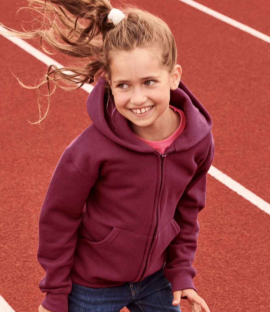 Fruit of the Loom Kids Classic Zip Hooded Sweatshirt in Burgundy by Fruit of the Loom — Custom branded clothing by Print Press, featuring premium embroidery produced in our specialist print lab in the UK.