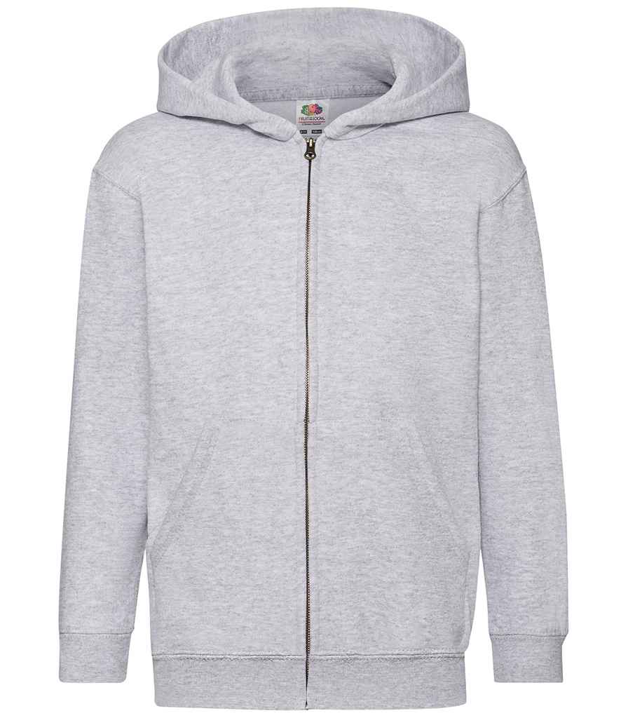 Fruit of the Loom Kids Classic Zip Hooded Sweatshirt in Heather Grey by Fruit of the Loom — Custom branded clothing by Print Press, featuring premium embroidery produced in our specialist print lab in the UK.