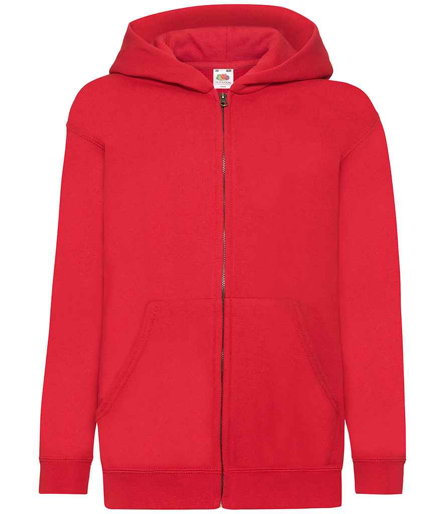 Fruit of the Loom Kids Classic Zip Hooded Sweatshirt in Red by Fruit of the Loom — Custom branded clothing by Print Press, featuring premium embroidery produced in our specialist print lab in the UK.