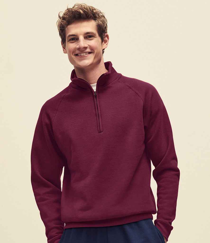 Fruit of the Loom Classic Zip Neck Sweatshirt in Burgundy by Fruit of the Loom — Custom branded clothing by Print Press, featuring premium embroidery produced in our specialist print lab in the UK.