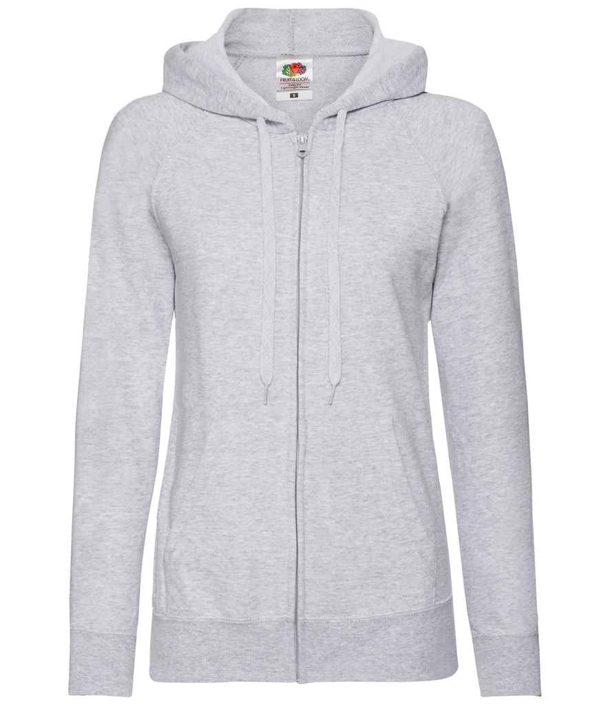 Fruit of the Loom Lady Fit Lightweight Zip Hooded Sweatshirt in Heather Grey by Fruit of the Loom — Custom branded clothing by Print Press, featuring premium embroidery produced in our specialist print lab in the UK.