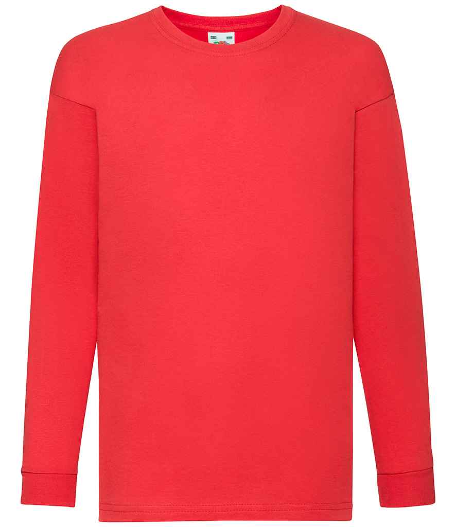 Fruit of the Loom Kids Long Sleeve Value T-Shirt in Red by Fruit of the Loom — Custom branded clothing by Print Press, featuring premium embroidery produced in our specialist print lab in the UK.